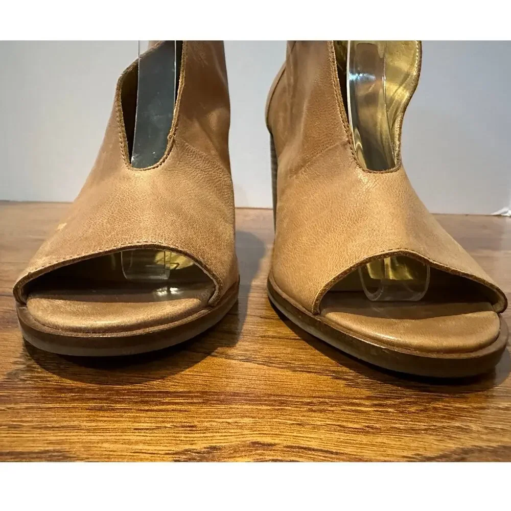 Lucky Brand Joal Peep Toe Leather Booties Women’s 8.5M Tan Block Heel Shoes